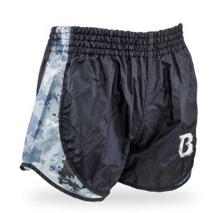 Short Muay Thai Booster Fight Gear | Black/Camo Grey | Retyro Hybrid BL