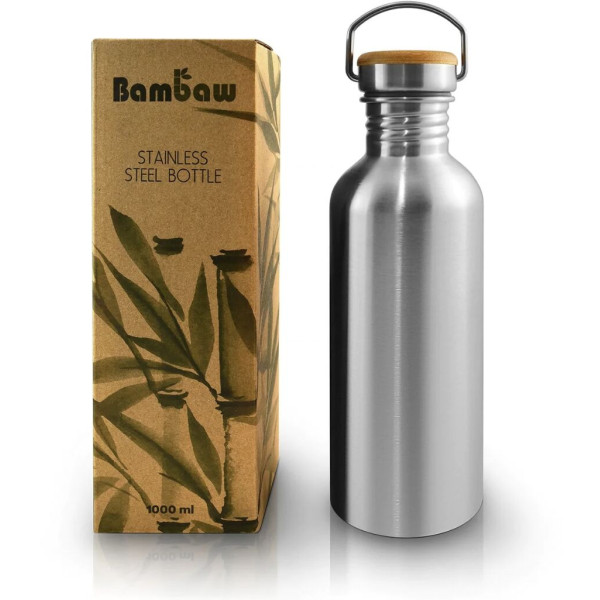 Gourde Inox Bambaw | Argent | Stainless Steel Bottle | 1L Bouchon Bambou